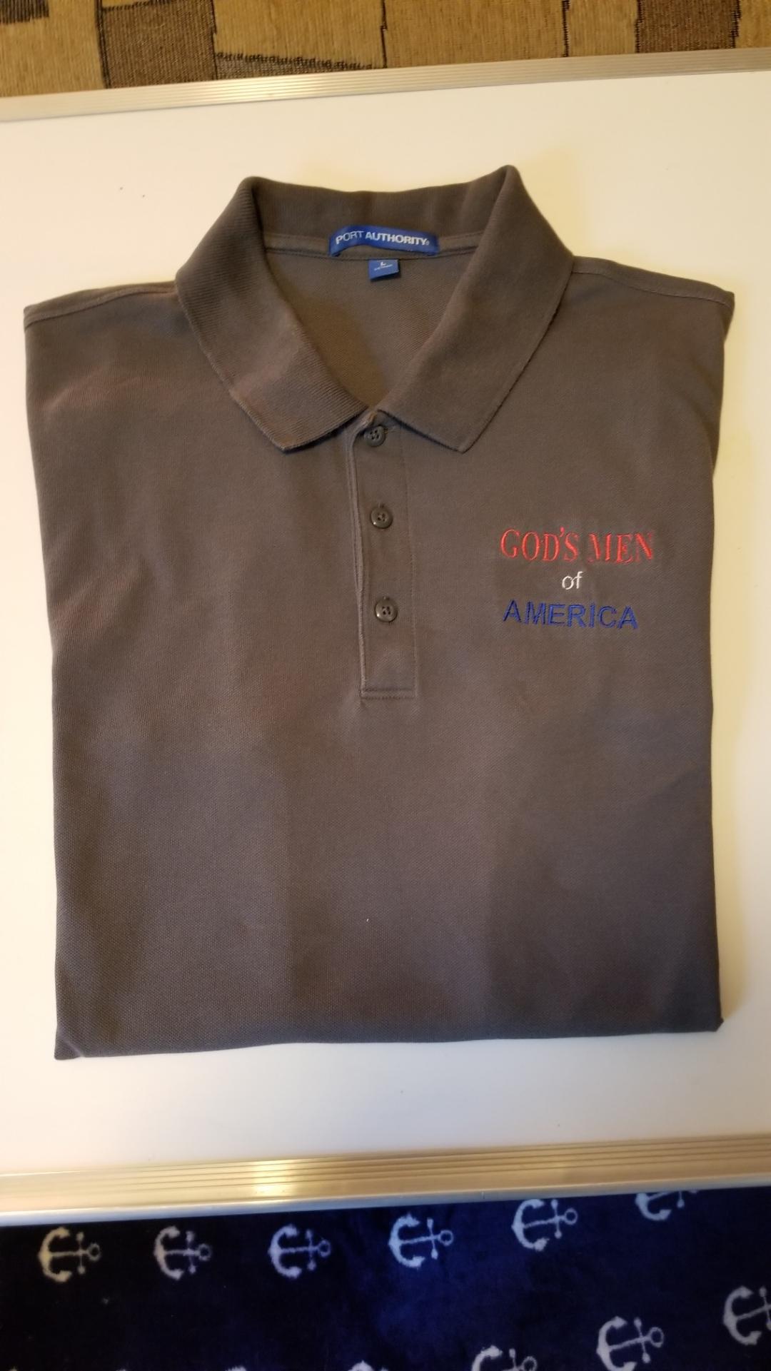 Gray polo shirt embroidered with God's Men of America