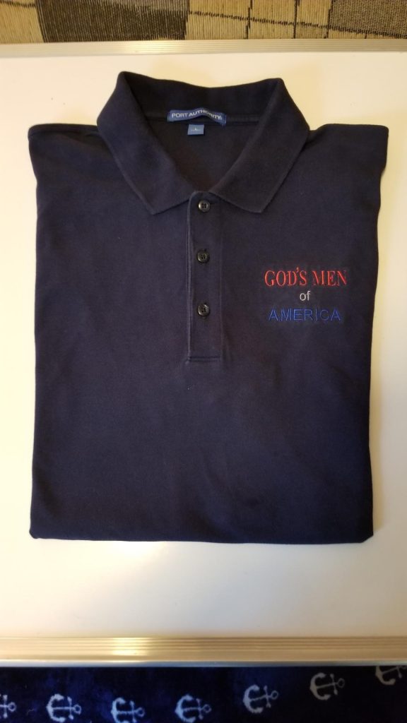 Navy polo shirt embroidered with God's Men of America
