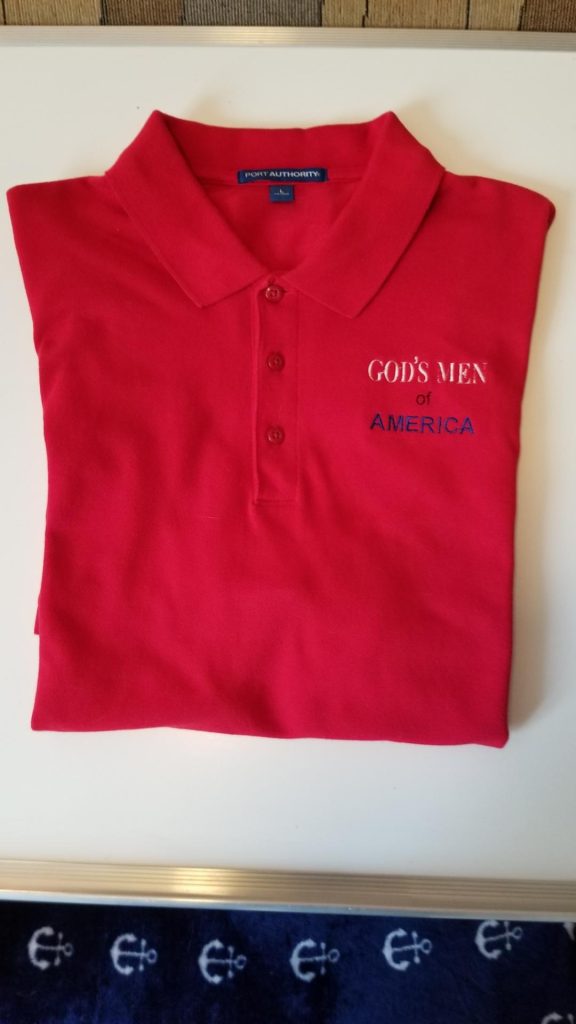 Red polo shirt embroidered with God's Men of America