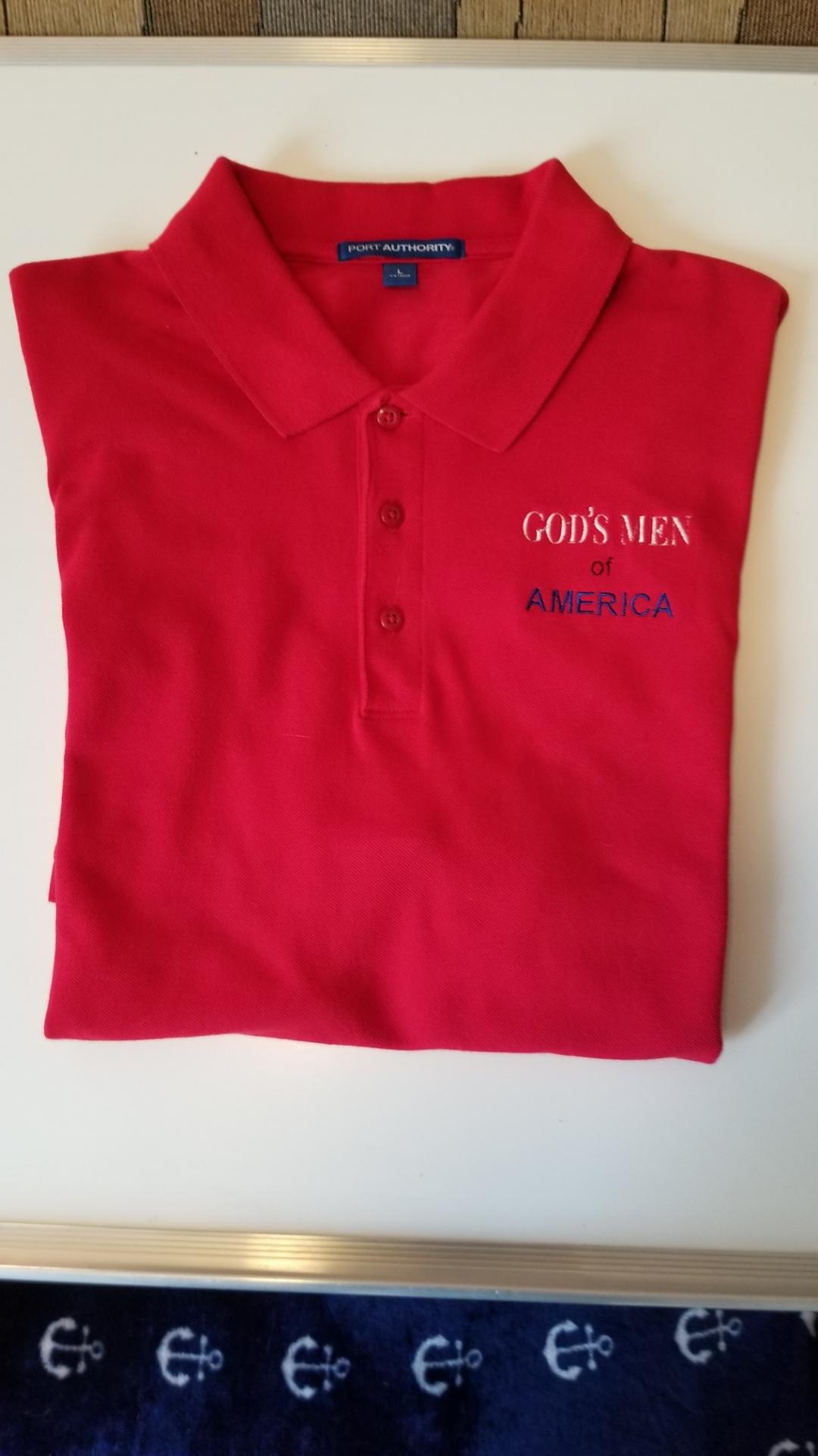 Red polo shirt embroidered with God's Men of America
