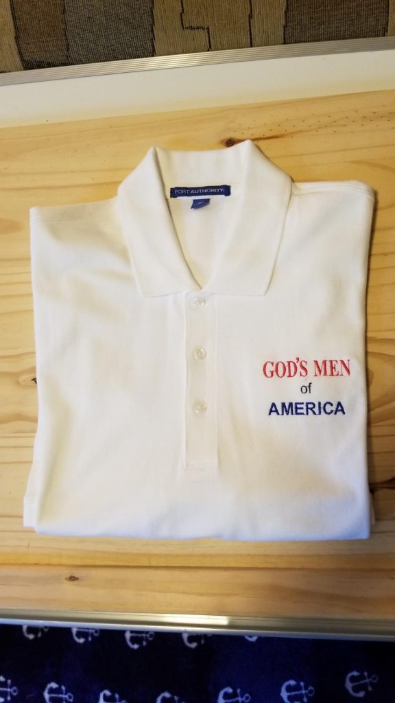 White polo shirt embroidered with God's Men of America