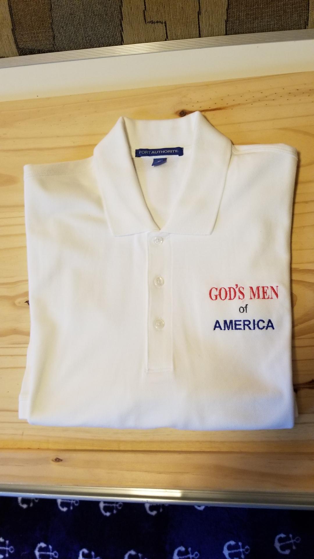 White polo shirt embroidered with God's Men of America